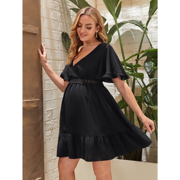 Maternity Bell Sleeve Tie Back Guipure Lace Dress black - Picture 4 of 5